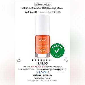Brand New in Box Sunday Riley C.E.O. 15% Vitamin C Brightening Serum